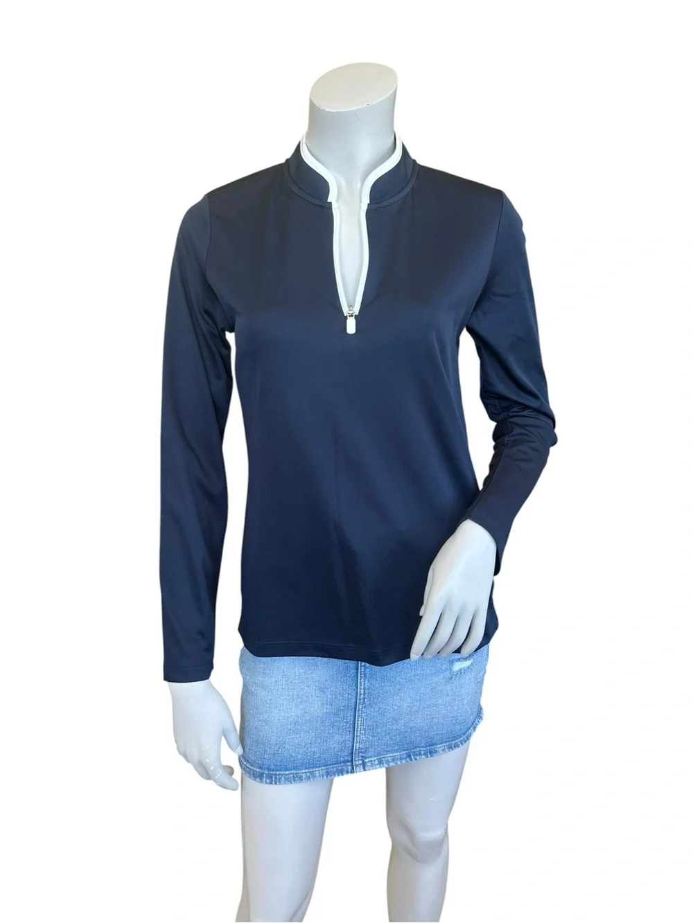 Tory Burch Sport Navy Blue & White 1/4 Zip Jersey Pullover Top Size Small